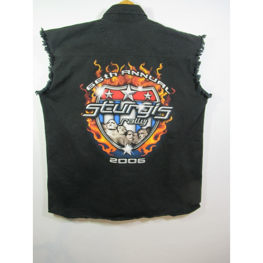 Vtg Hellanbach Sturgis Biker Rally Denim Shirt Men XL Black Sleeveless Flames